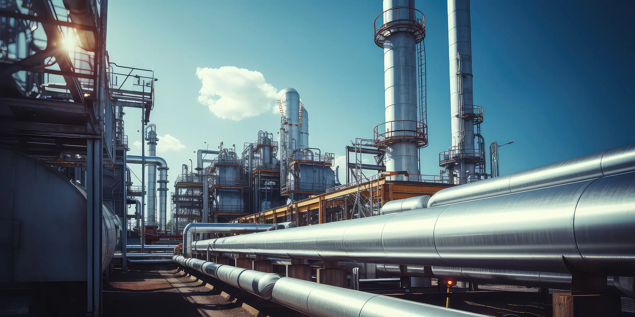 Industrial metal pipeline, oil and gas factory outside view in sunny day, blue sky. Industrial factory wallpaper.